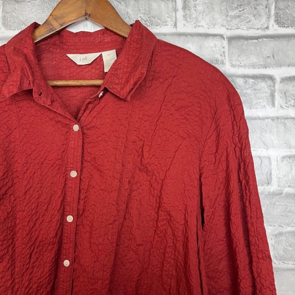 J Jill  Burgundy Seersucker Sheer Button Up LS Shirt Womens XL Lightweight Soft
